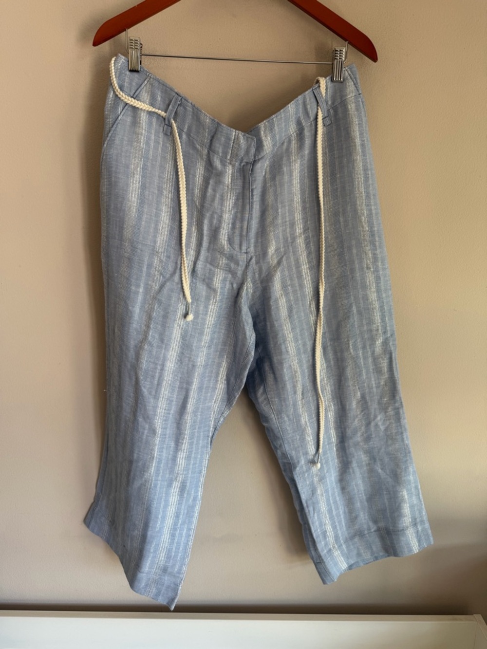Tommy Bahama Womens 14 Blue Striped Metallic Linen Blend Crop Pants Rope Belt